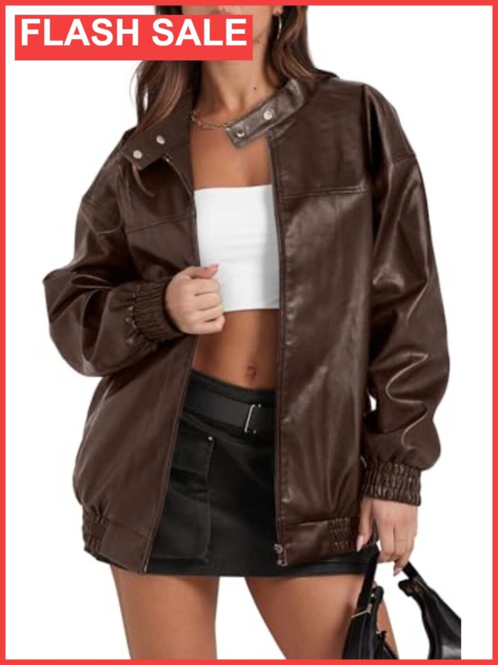 Faux Leather Oversized Moto Bomber Jacket Women Zip Y2K Fall Coat